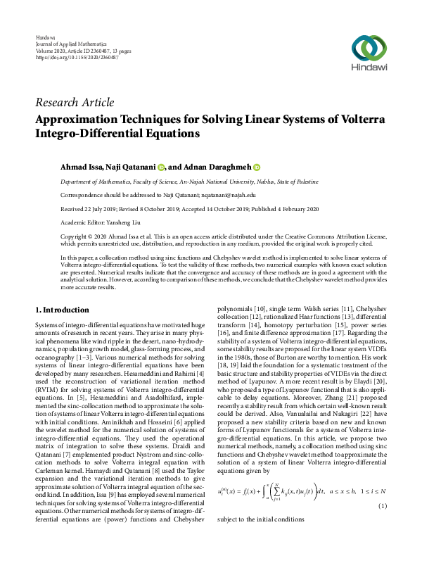 (PDF) Approximation Techniques for Solving Linear Systems of Volterra ...