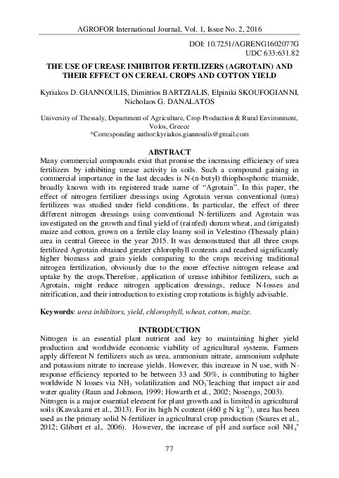 (PDF) The Use of Urease Inhibitor Fertilizers (Agrotain) and Their ...