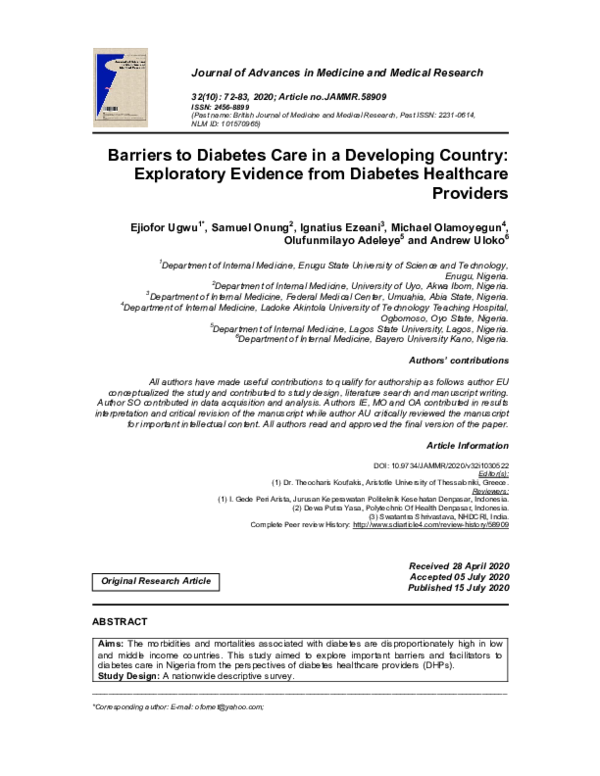 (PDF) Barriers to Diabetes Care in a Developing Country: Exploratory ...