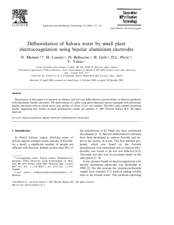 (PDF) Defluoridation of Sahara water by small plant electrocoagulation