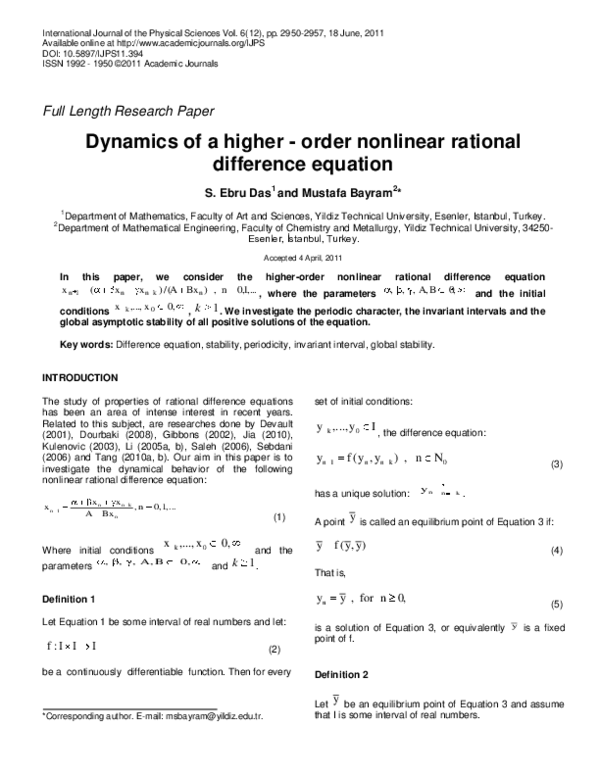 (PDF) Dynamics of a higher order nonlinear rational difference equation
