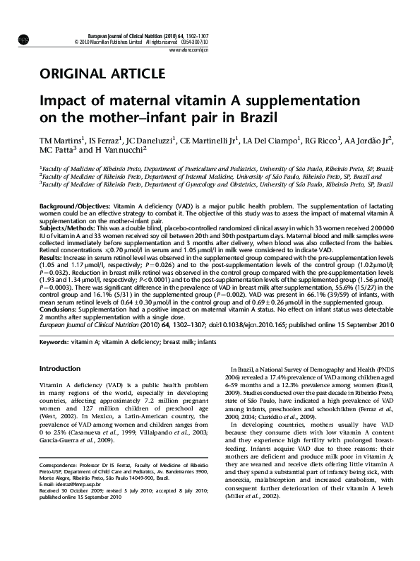 (PDF) Impact of maternal vitamin A supplementation on the mother–infant ...