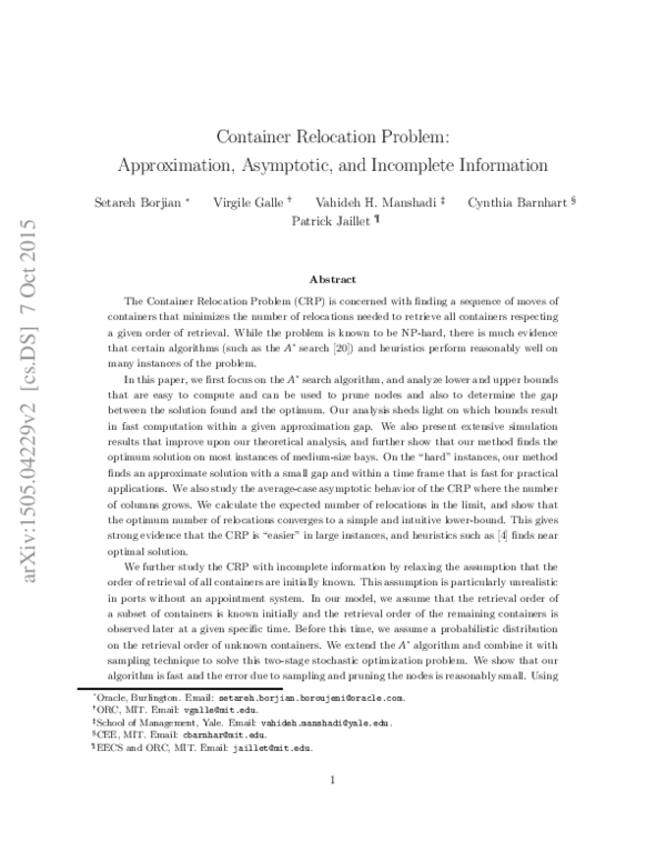 (PDF) Container Relocation Problem: Approximation, Asymptotic, and ...