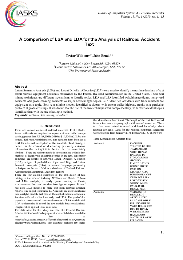 (PDF) A Comparison of LSA and LDA for the Analysis of Railroad Accident ...