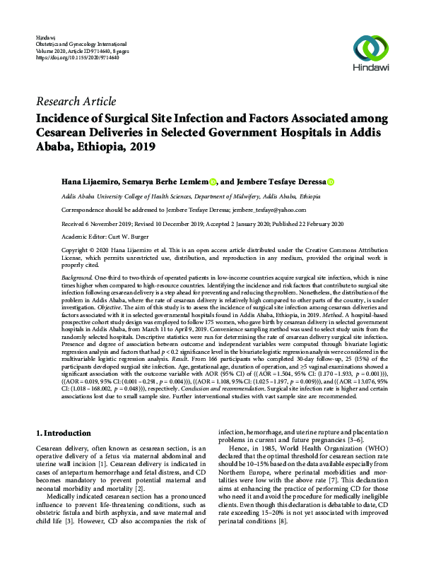 (PDF) Incidence of Surgical Site Infection and Factors Associated among ...