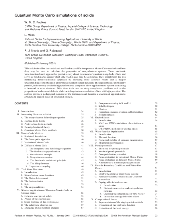 (PDF) Quantum Monte Carlo simulations of solids