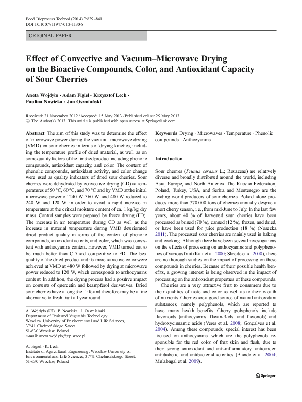 (PDF) Effect of Convective and Vacuum–Microwave Drying on the Bioactive ...