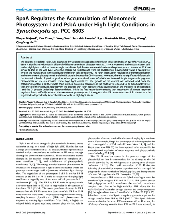 (PDF) RpaA Regulates the Accumulation of Monomeric Photosystem I and ...