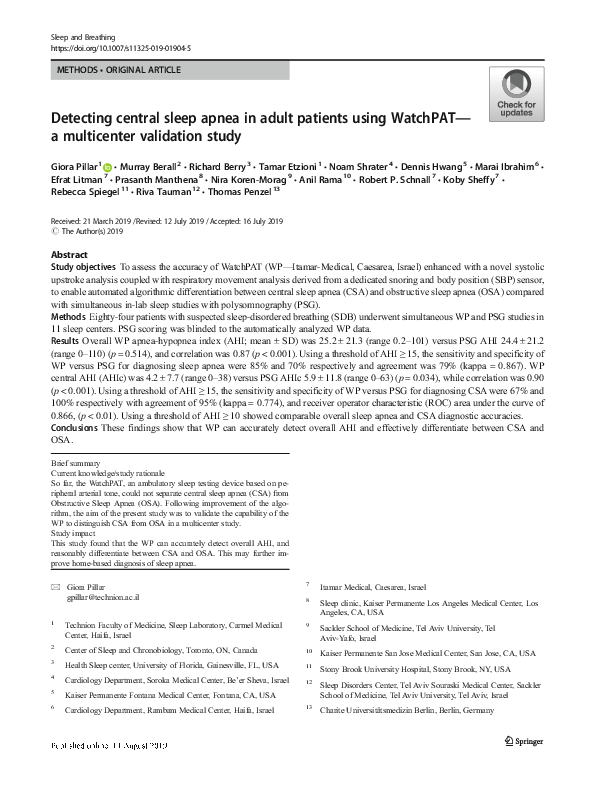 (PDF) Detecting central sleep apnea in adult patients using WatchPAT—a ...