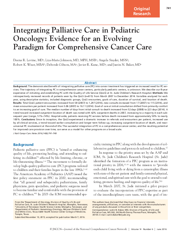 (PDF) Integrating Palliative Care in Pediatric Oncology: Evidence for ...