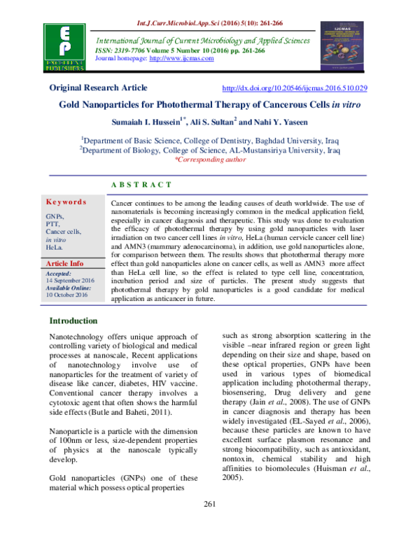 (PDF) Gold Nanoparticles for Photothermal Therapy of Cancerous Cells in ...