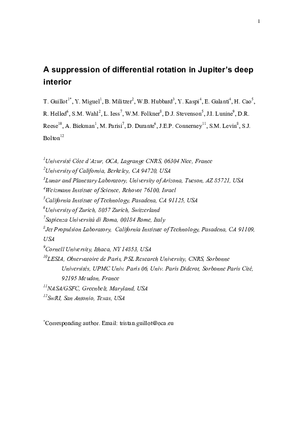 (PDF) A suppression of differential rotation in Jupiter’s deep interior