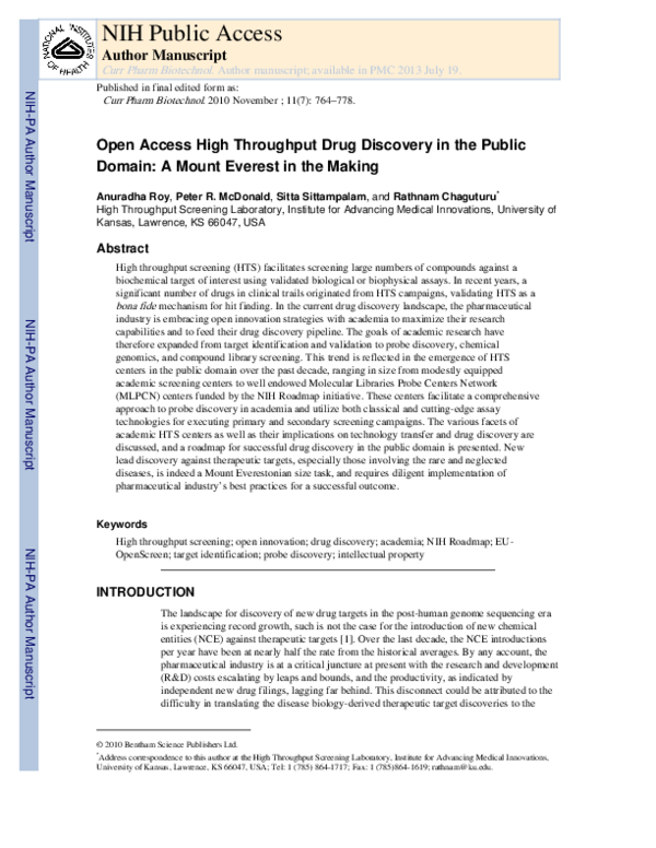 (PDF) Open Access High Throughput Drug Discovery in the Public Domain ...
