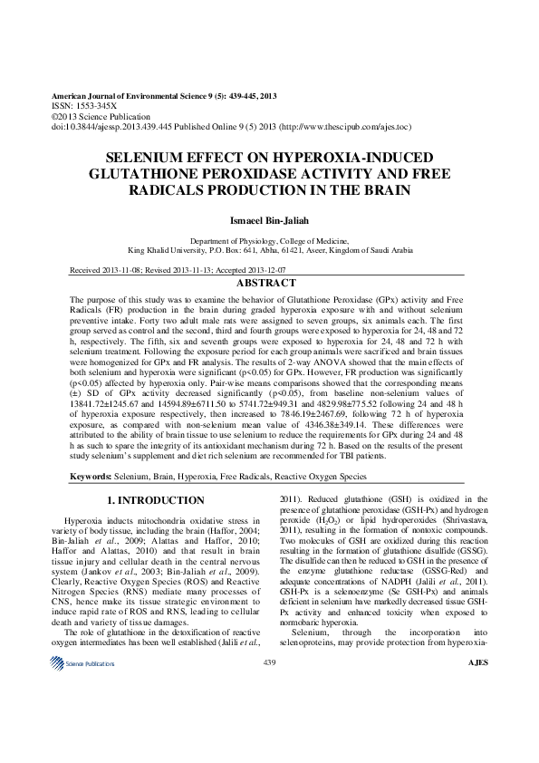 PDF) Selenium Effect on Hyperoxia-Induced Glutathione Peroxidase Activity  and Free Radicals Production in the Brain