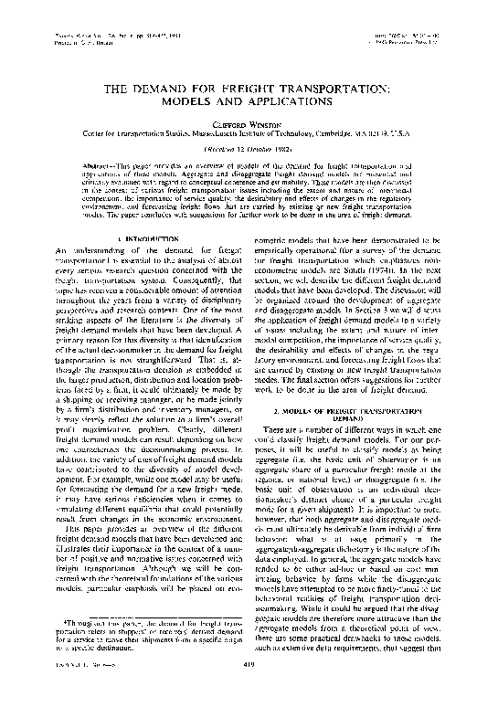 (PDF) The demand for freight transportation: models and applications