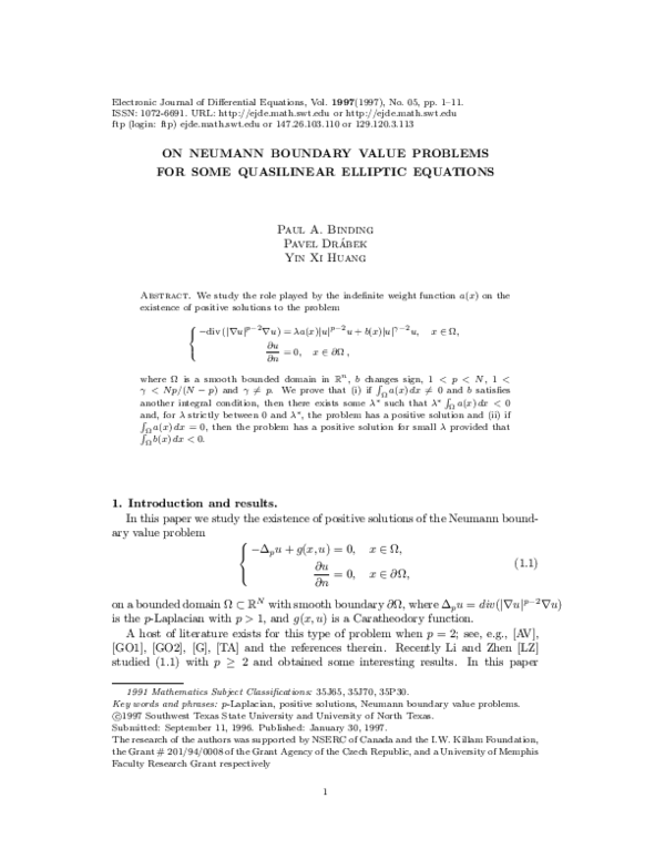 (PDF) On Neumann boundary value problems for some quasilinear elliptic ...