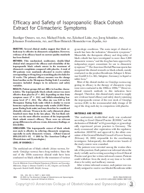 (PDF) Efficacy and safety of isopropanolic black cohosh extract for