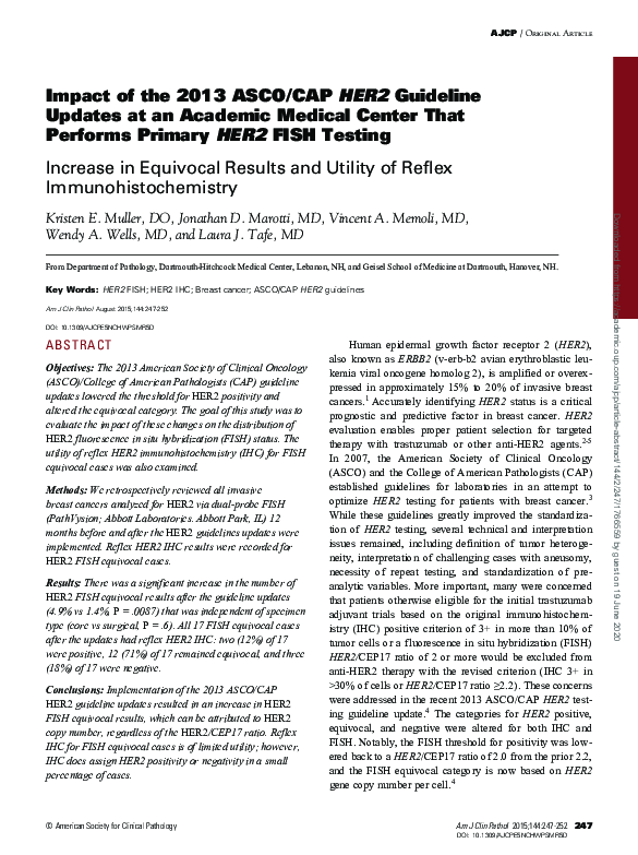 (PDF) Impact of the 2013 ASCO/CAP HER2 Guideline Updates at an Academic ...