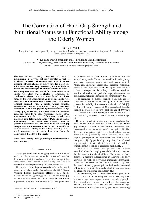 (PDF) The Correlation of Hand Grip Strength and Nutritional Status with ...