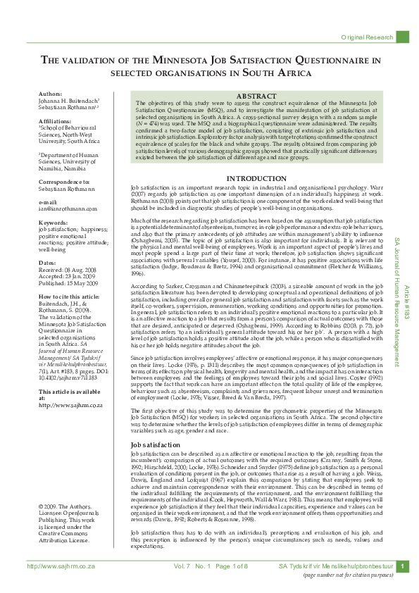 (PDF) The Validation of the Minnesota Job Satisfaction Questionnaire ...