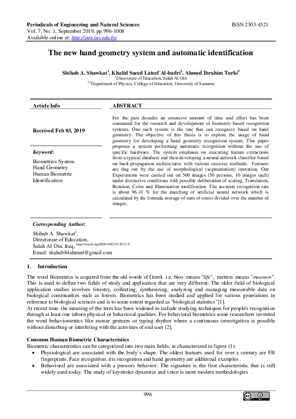 (PDF) The new hand geometry system and automatic identification