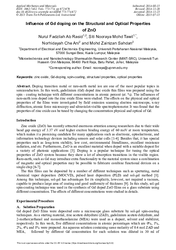 (PDF) Influence of Gd Doping on the Structural and Optical Properties ...