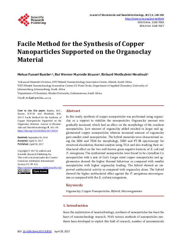 (PDF) Facile Method for the Synthesis of Copper Nanoparticles Supported ...