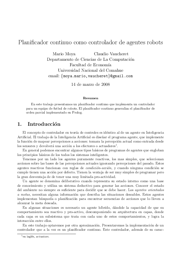 (PDF) Planificador continuo como controlador de agentes robots