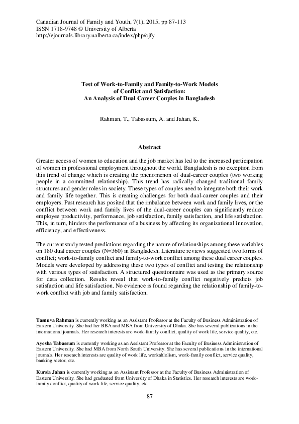 (PDF) Test of Work-to-Family and Family-to-Work Models of Conflict and ...