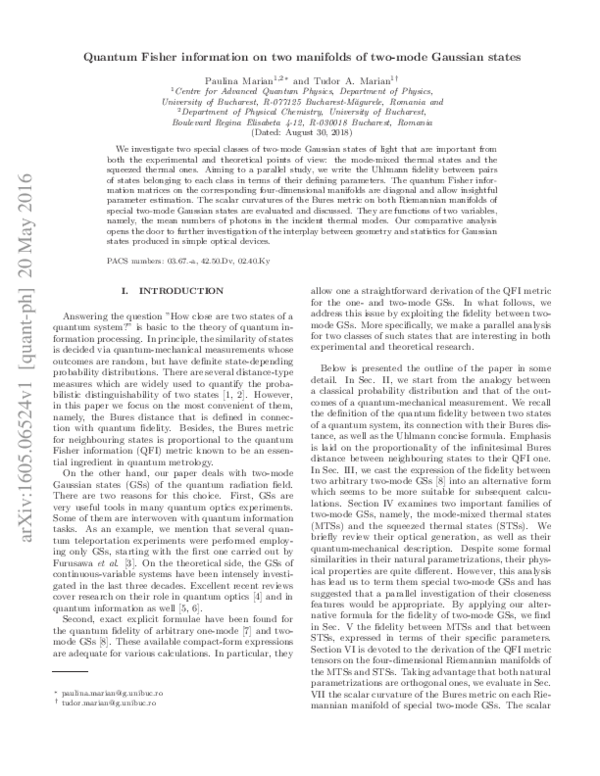(PDF) Quantum Fisher information on two manifolds of two-mode Gaussian ...