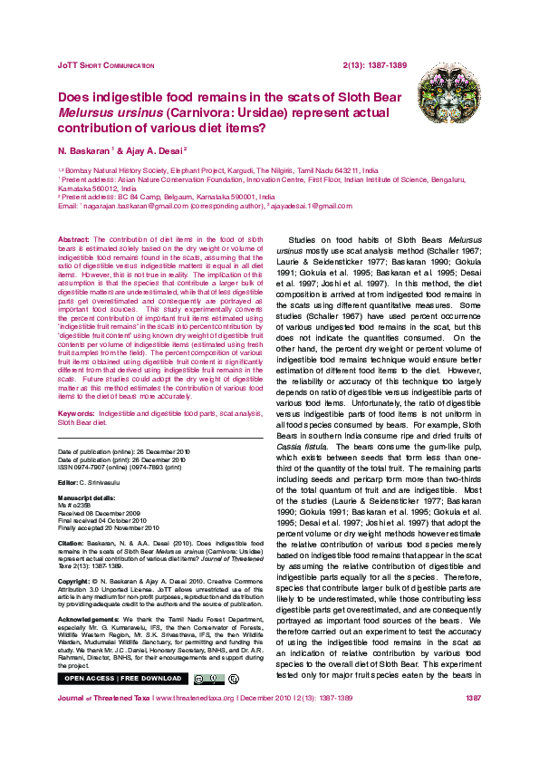 (PDF) Does indigestible food remains in the scats of Sloth Bear