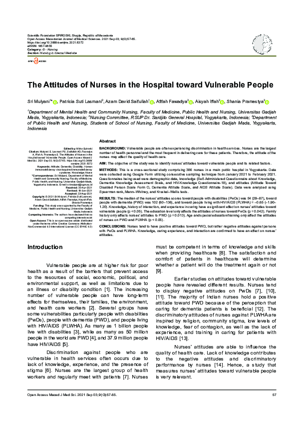 (PDF) The Attitudes of Nurses in the Hospital toward Vulnerable People