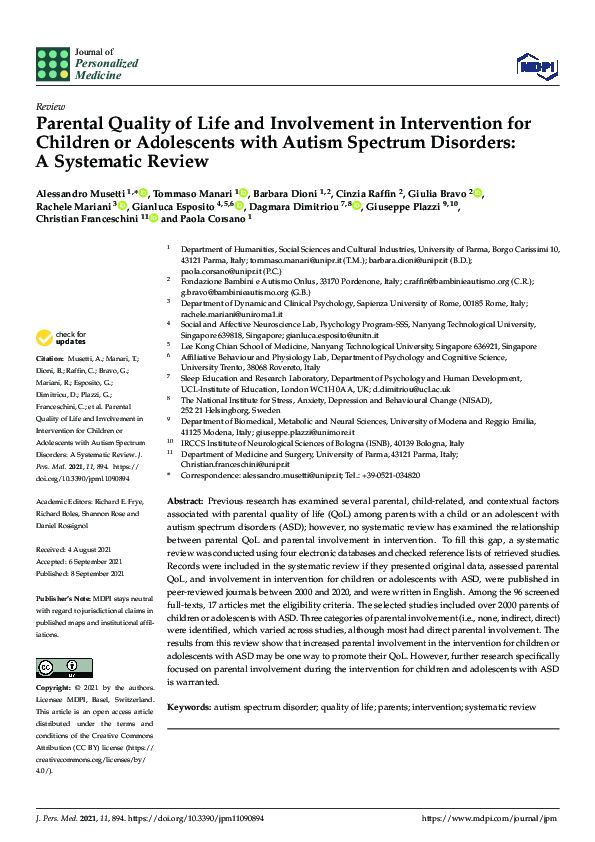 (PDF) Parental Quality of Life and Involvement in Intervention for ...