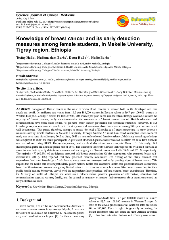 (PDF) Knowledge of Breast Cancer and Its Early Detection Measures among ...