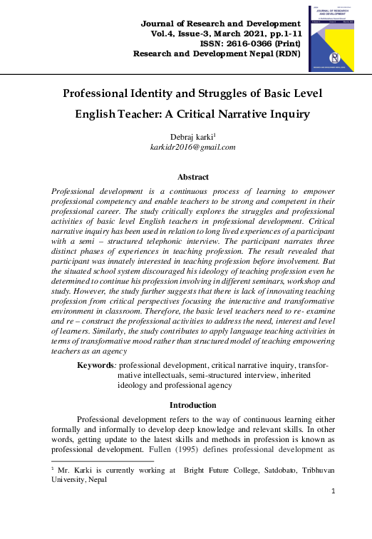 (PDF) Professional Identity and Struggles of Basic Level English ...