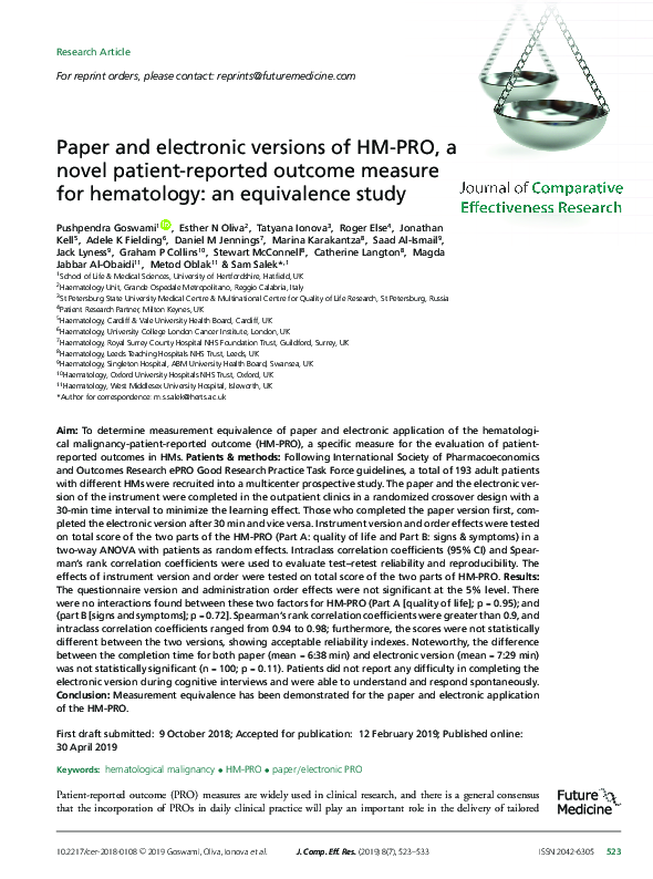 (PDF) Paper and electronic versions of HM-PRO, a novel patient-reported ...
