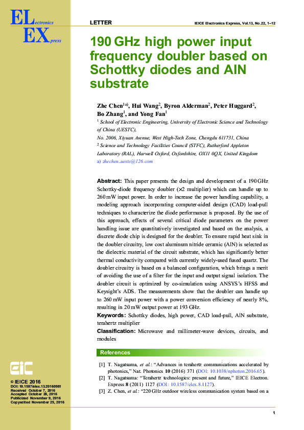 (PDF) 190 GHz high power input frequency doubler based on Schottky ...