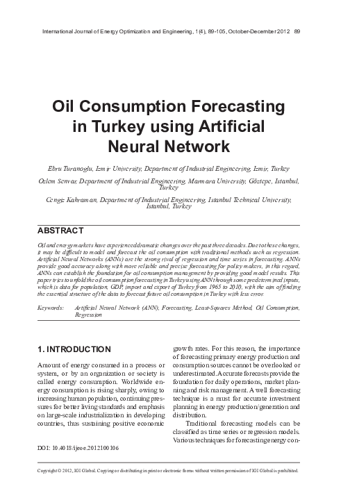 (PDF) Oil Consumption Forecasting in Turkey using Artificial Neural Network