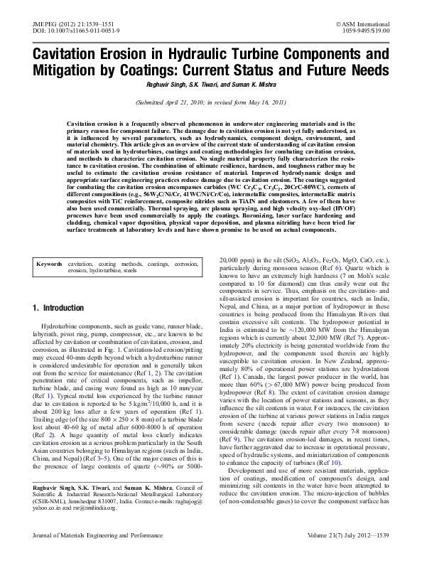 (PDF) Cavitation Erosion in Hydraulic Turbine Components and Mitigation ...