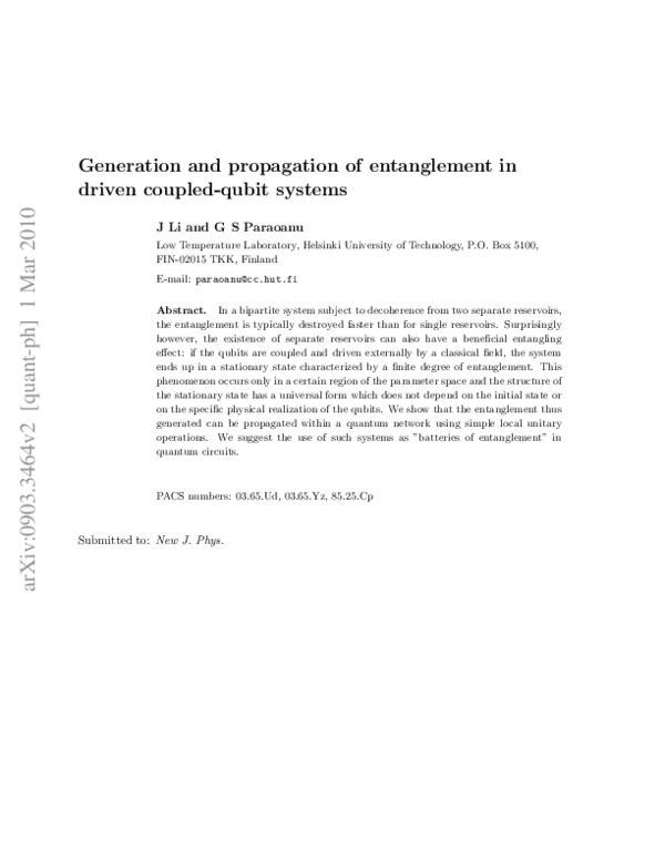 (PDF) Generation and propagation of entanglement in driven coupled ...