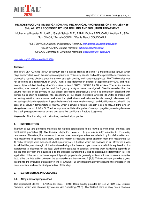 (PDF) MICROSTRUCTURE INVESTIGATION AND MECHANICAL PROPERTIES OF Ti-6Al ...