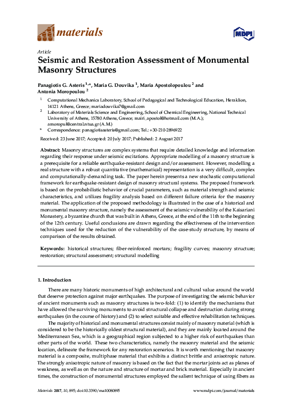 (PDF) Seismic and Restoration Assessment of Monumental Masonry Structures