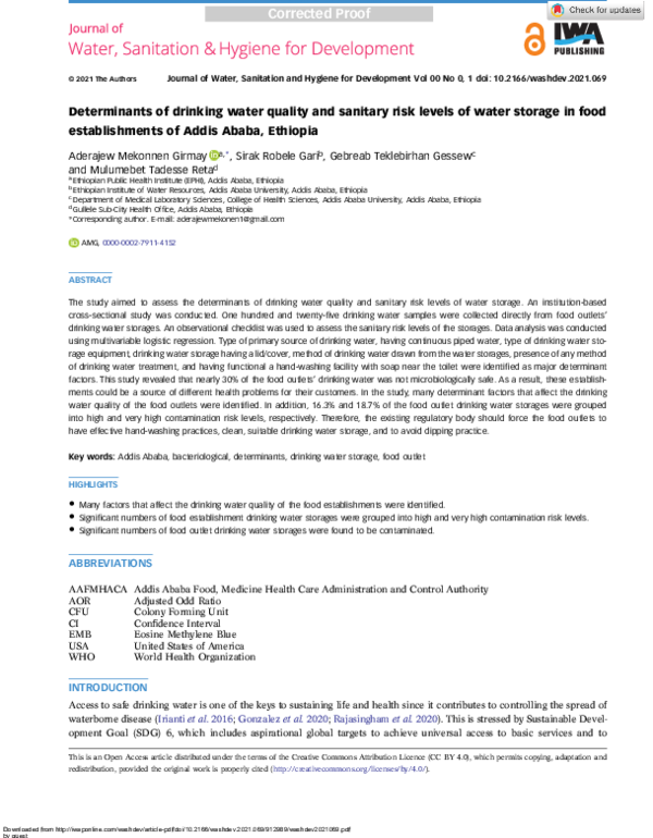 PDF) Determinants of drinking water quality and sanitary risk 
