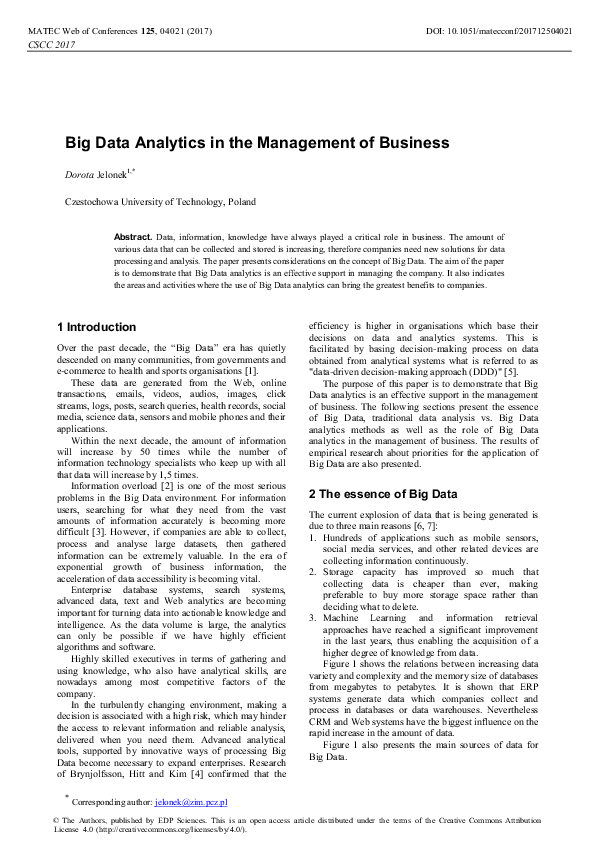 (PDF) Big Data Analytics in the Management of Business