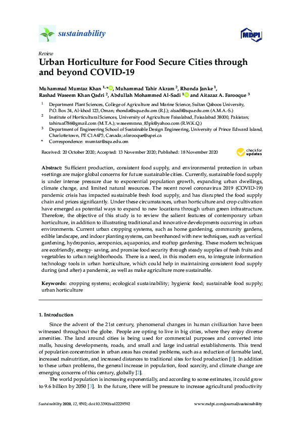 (PDF) Urban Horticulture for Food Secure Cities through and beyond COVID-19