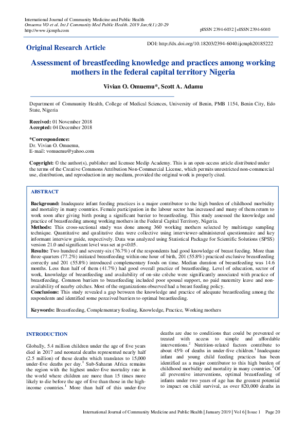 (PDF) Assessment of breastfeeding knowledge and practices among working ...