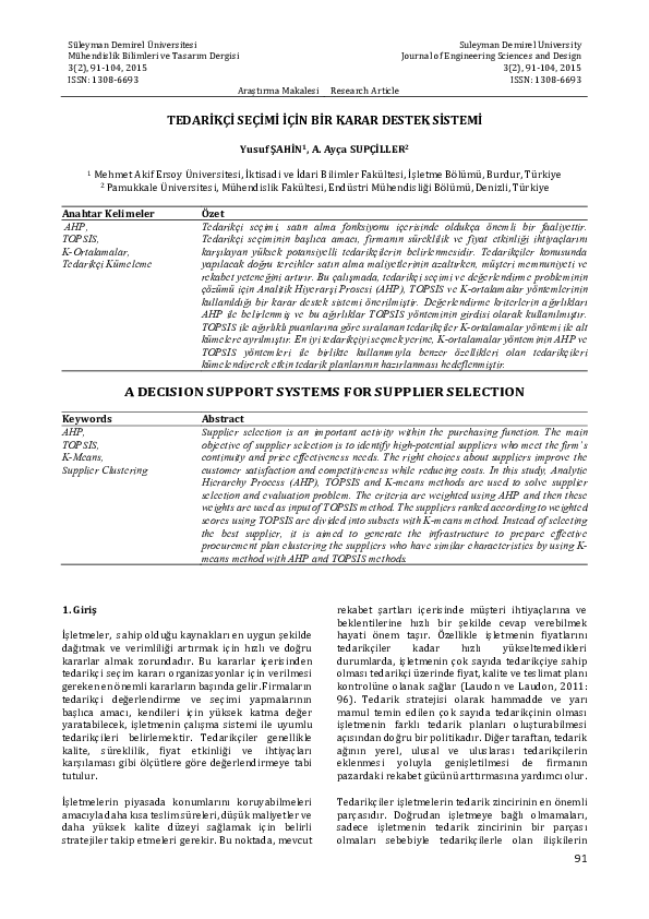 (PDF) A Decision Support Systems for Supplier Selection