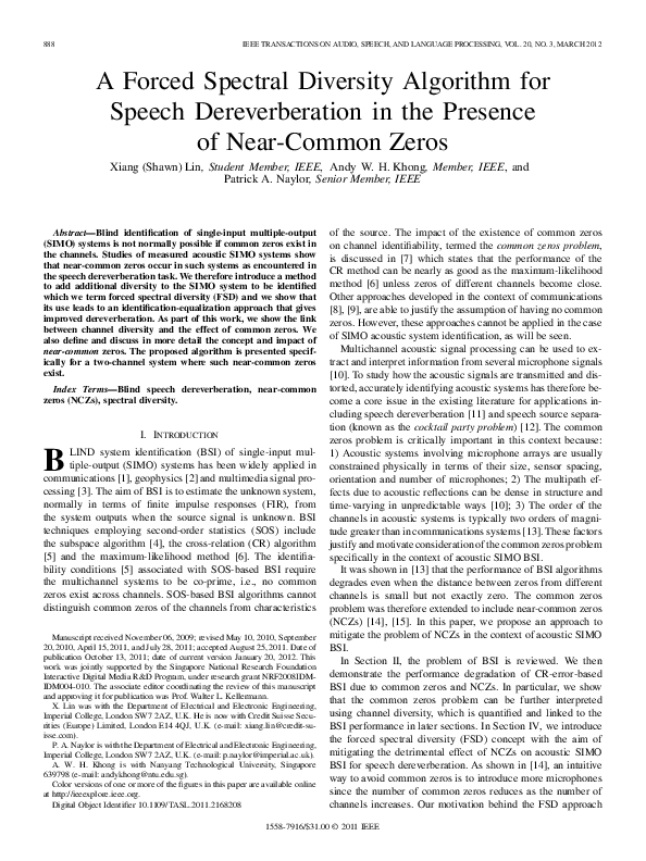 (PDF) A Forced Spectral Diversity Algorithm for Speech Dereverberation ...