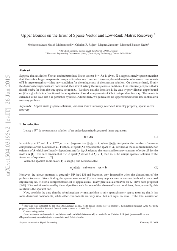 (PDF) Upper bounds on the error of sparse vector and low-rank matrix ...