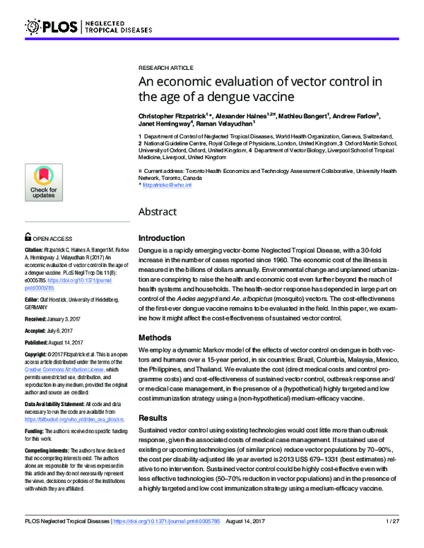 (PDF) An economic evaluation of vector control in the age of a dengue ...